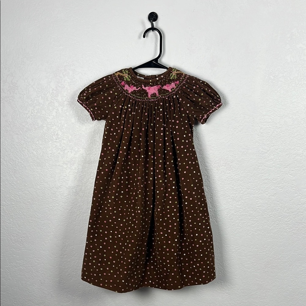 Girl's Brown Polka Dot Pink Elephants Dress Bishop Smocked Sz 4T Embroidered